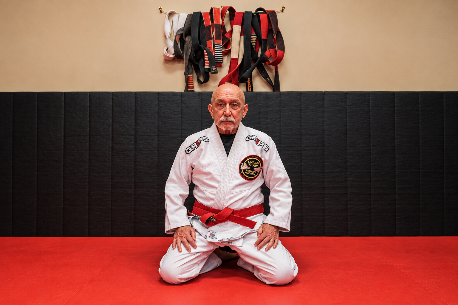 Grandmaster Ricardo Murgel kneeling in his white Union Team BJJ gi and red belt